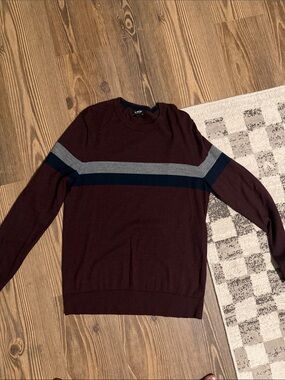 Express Men's Crewneck Stripe Sweater - Burgundy with Gray & Navy
